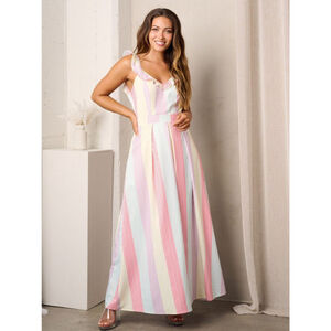 Fairycore, Pastel Stripe Ruffle Strap Maxi Dress – Spring Summer Flowing Dress